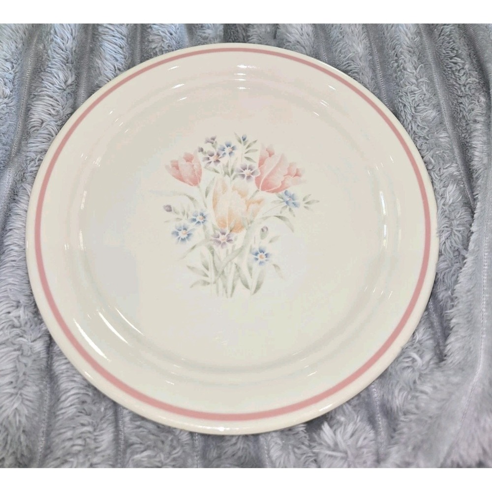 Corelle English Breakfast Dinner Plate Pink Tulips Blue Flowers Vintage USA
